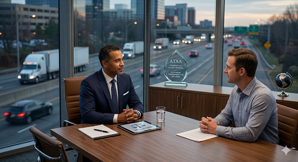 A modern US law office consulting session, with a lawyer advising a couple and a view of commercial semi-trucks on a highway through the window. Includes a subtly placed award plaque and a tablet.