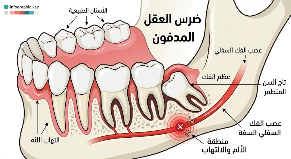 آلية انآلية انحشار وضرس العقل المدفون مقارنة بالأسنان الطبيعية، من إنشاء الذكاء الاصطناعيحشار وضرس العقل المدفون مقارنة بالأسنان الطبيعية، من إنشاء الذكاء الاصطناعي
